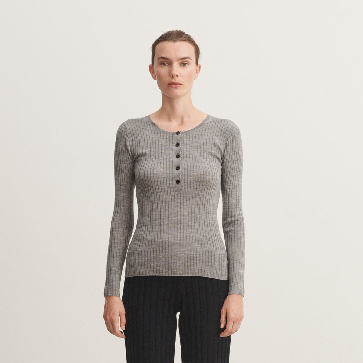 Women's Long Sleeve Rib Top - 100% Merino - Grey AW24 (L) *Last ones