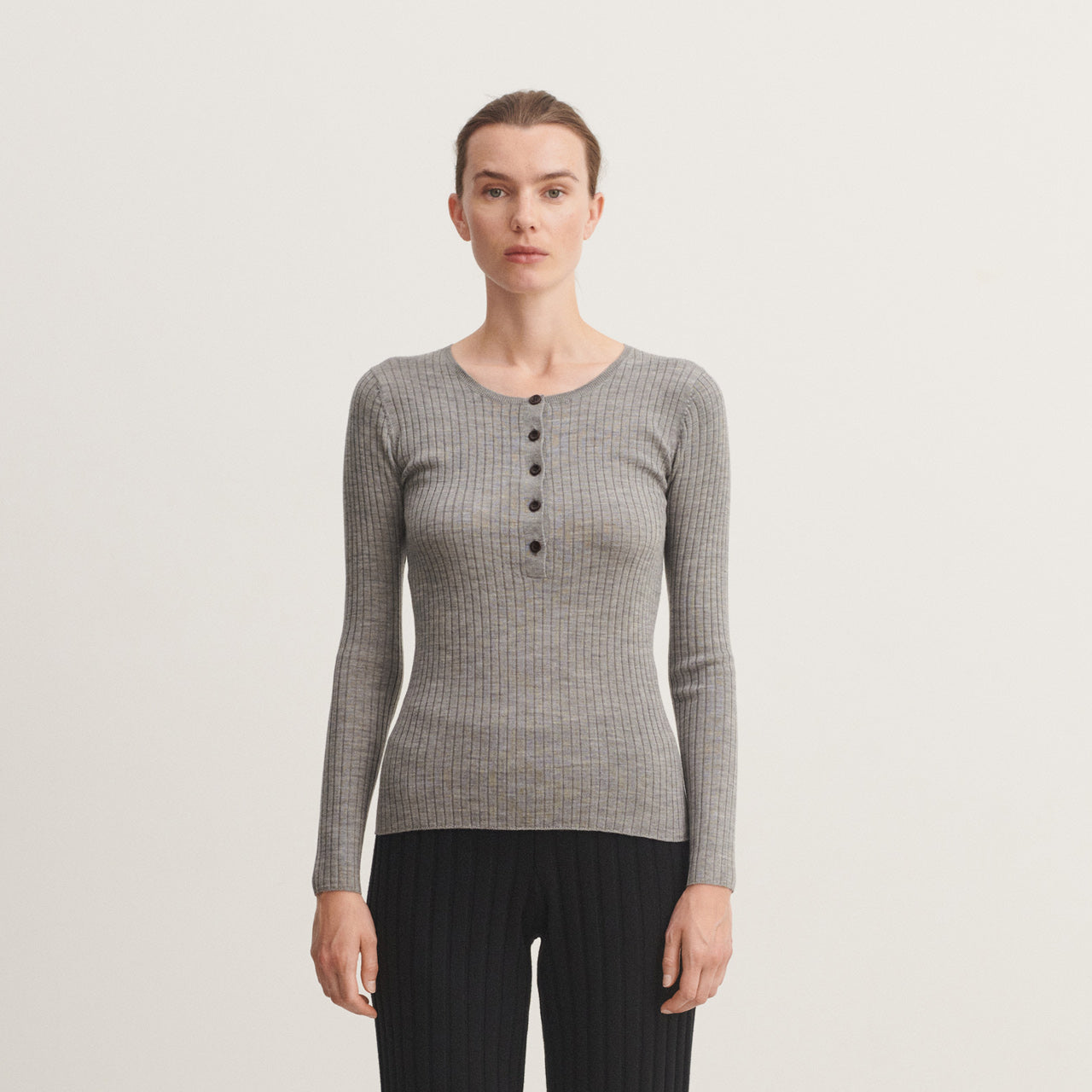 Women's Long Sleeve Rib Top - 100% Merino - Grey AW24 (XS-L) *Last ones