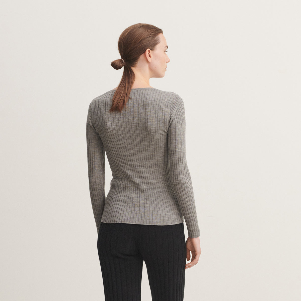 Women's Long Sleeve Rib Top - 100% Merino - Grey AW24 (L) *Last ones