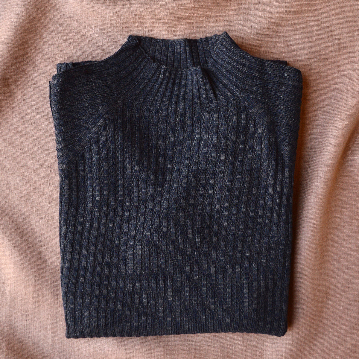 Women's High Neck Long Sleeve Rib Top - 100% Merino - Navy Melange AW24 (M) *Last One!