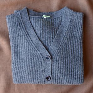Women's Rib Cardigan - 100% Lambswool - Charcoal AW24 (Teens-Womens S)