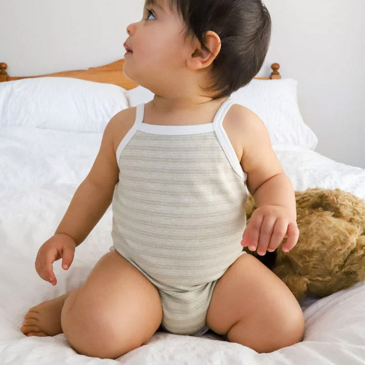 Baby Singlet Bodysuit - Undyed Organic Heirloom Cotton - Pique Stripe (0-24m)