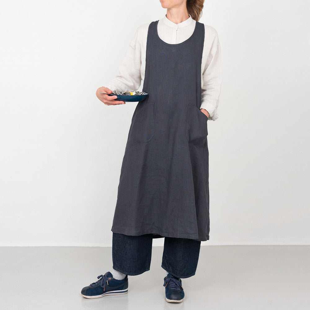 Women's Linen Cross Over Apron Dress - Charcoal Blue