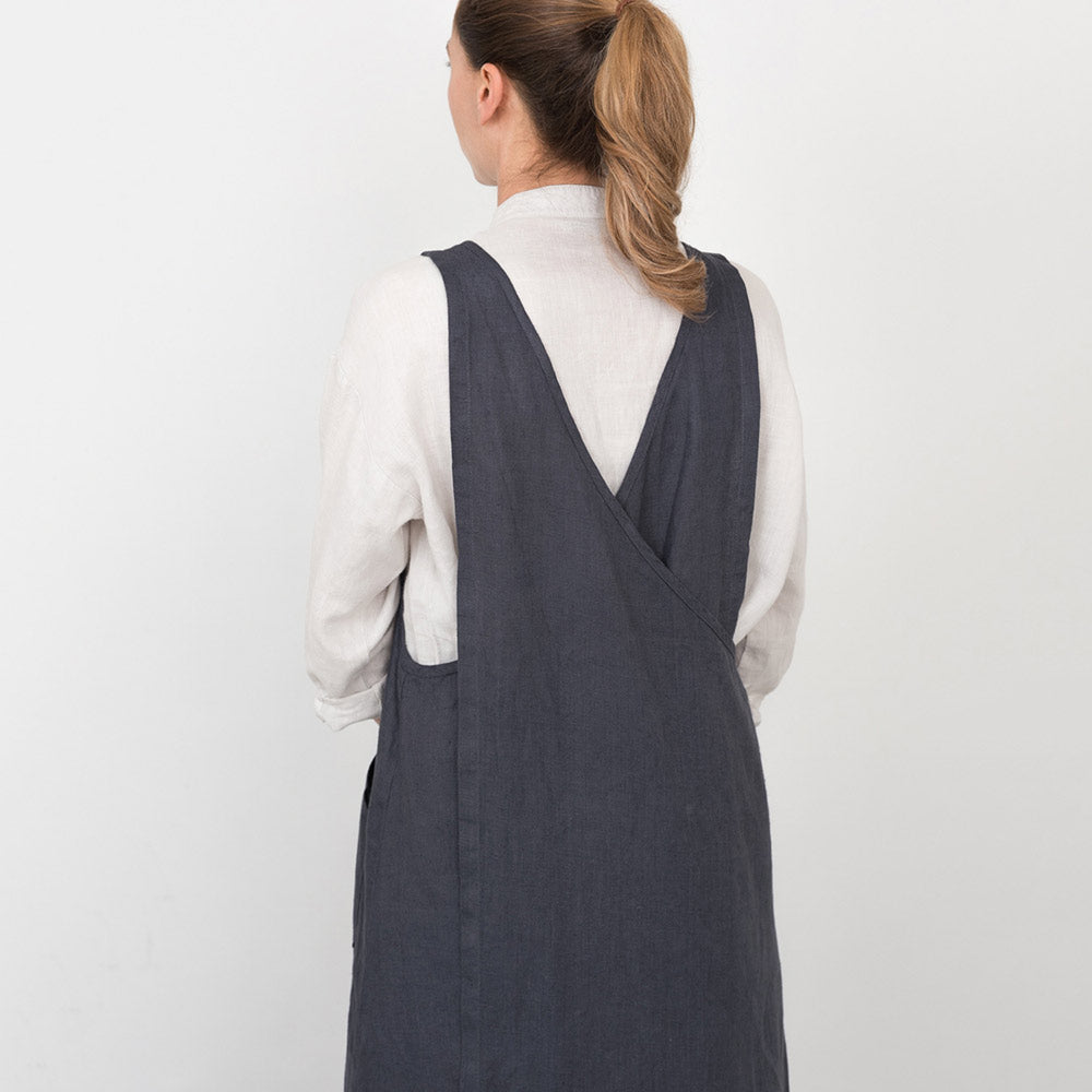 Women's Linen Cross Over Apron Dress - Charcoal Blue