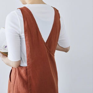 Women's Linen Cross Wrap Apron Dress - Red Ochre