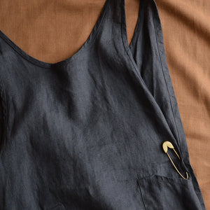 Women's Linen Cross Over Apron Dress - Charcoal Blue
