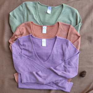 Women's Long Sleeve V-Neck Top - Cotton/Wool/Silk