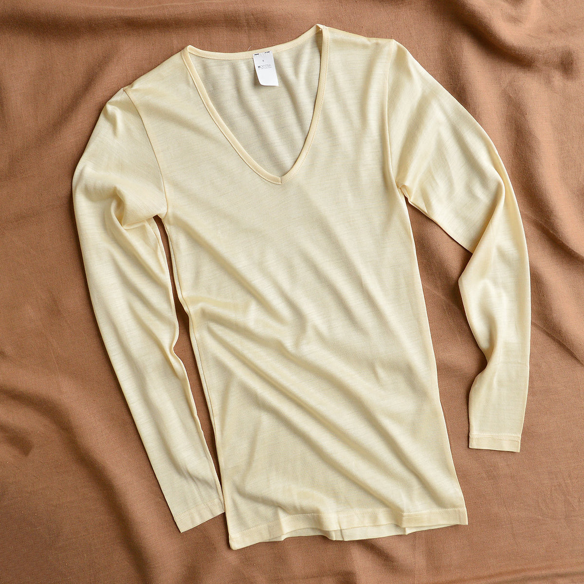 Women's Long Sleeve V-Neck Top - 100% Tussah Silk - Natural (XS-L)