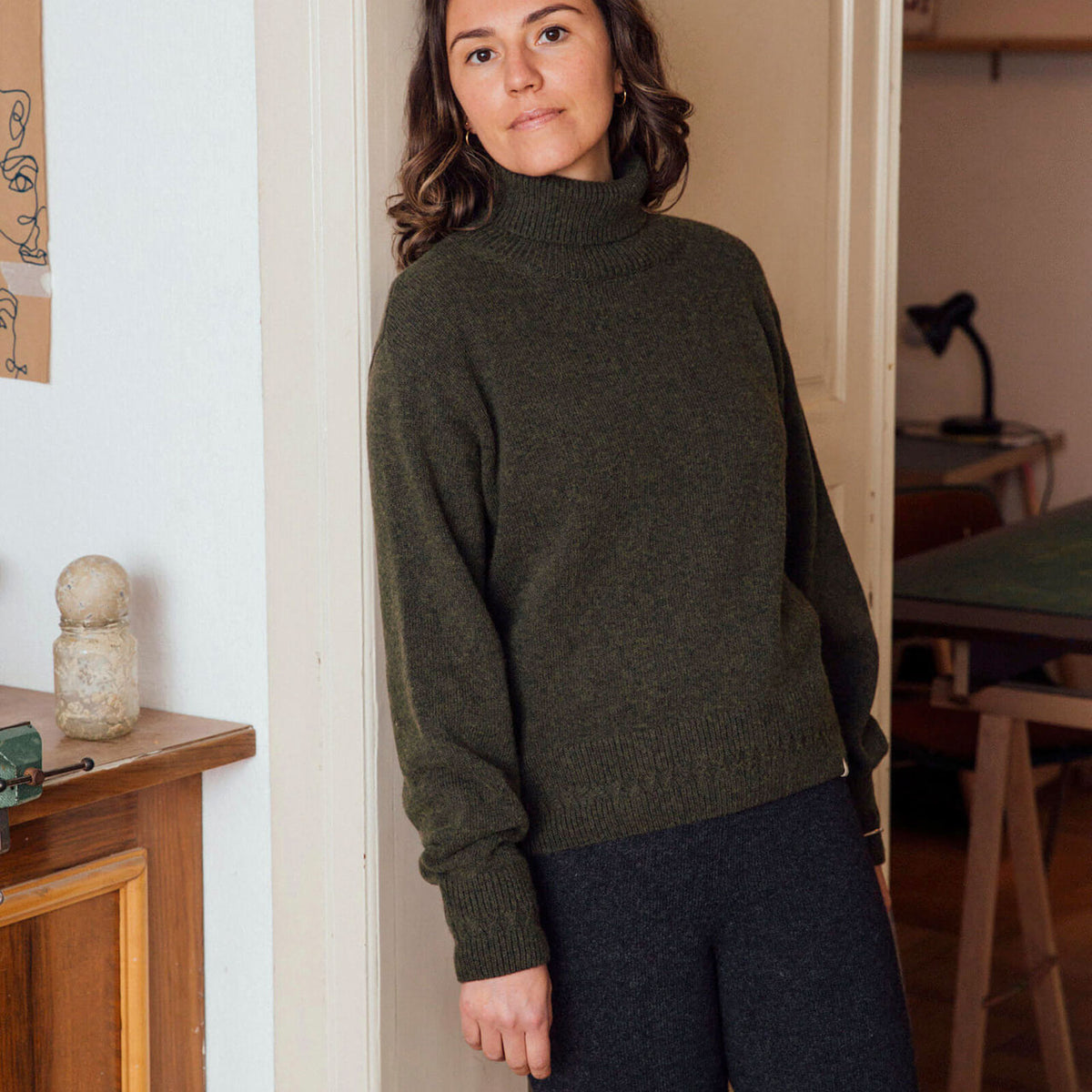 Womens Turtleneck Pullover - Organic Wool/Cotton - Olive (S, M, L)