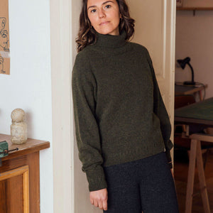 Womens Turtleneck Pullover - Organic Wool/Cotton - Olive (S, M, L)
