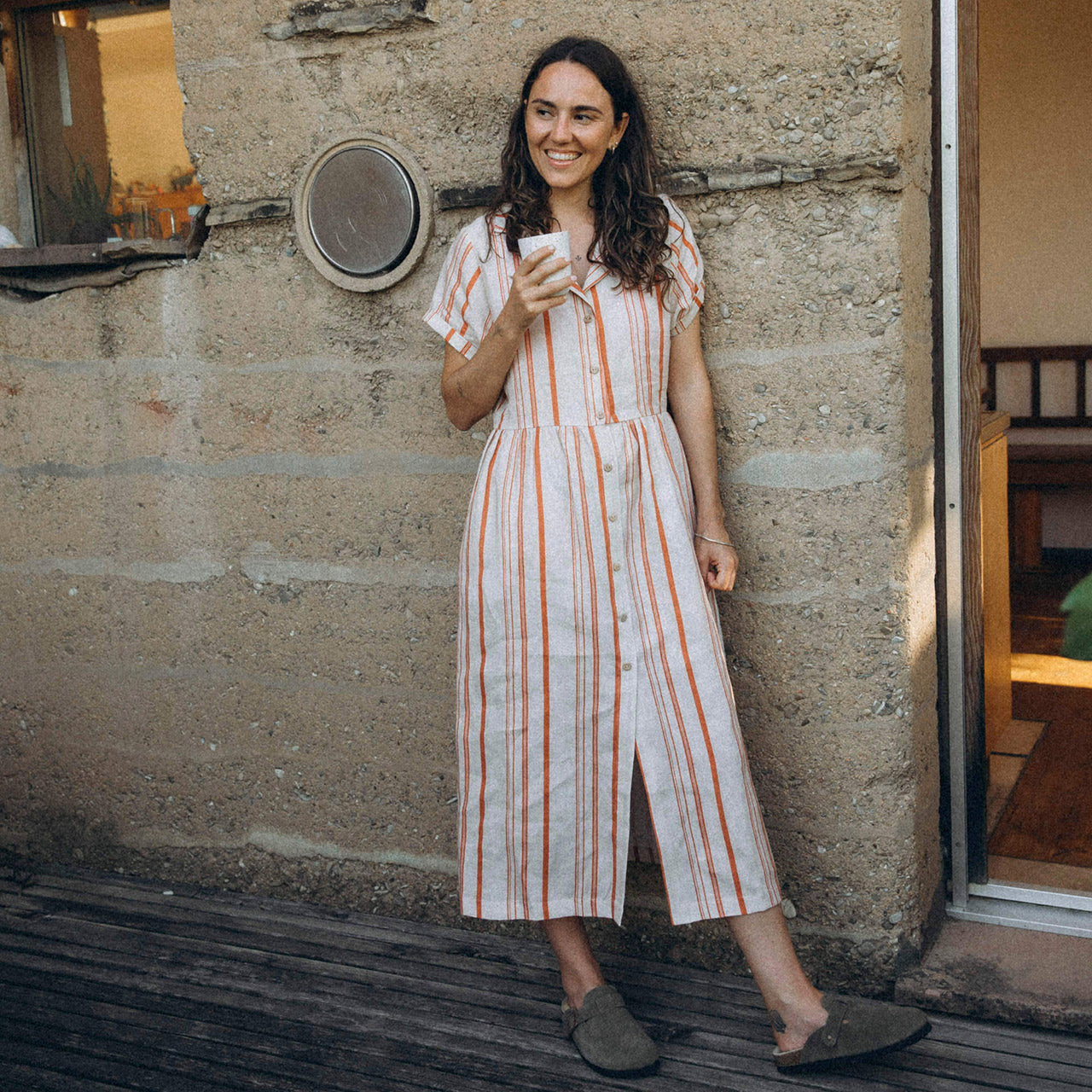 Collared Dress - 100% Linen - Rust Stripes