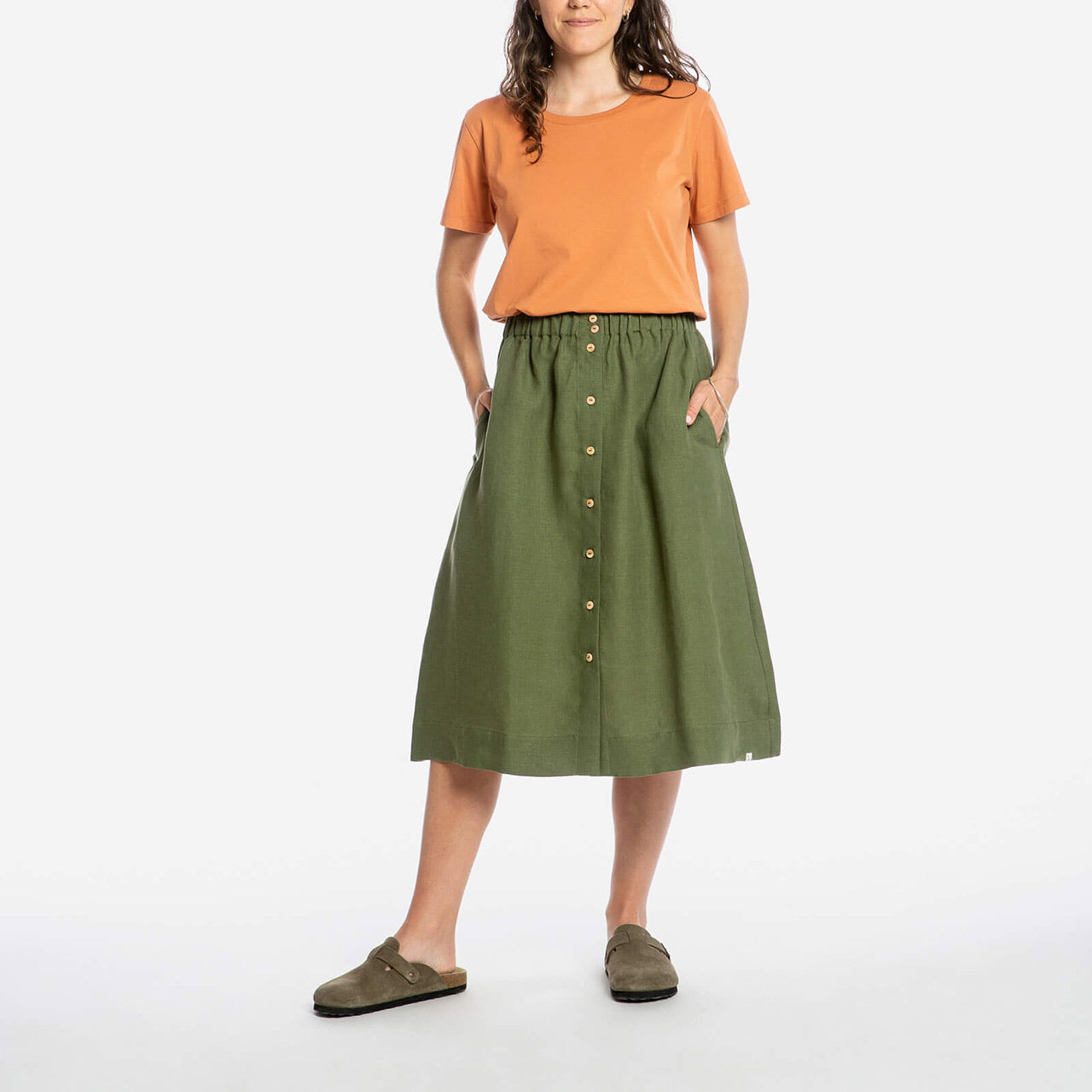 Midi Skirt - 100% Linen - Olive