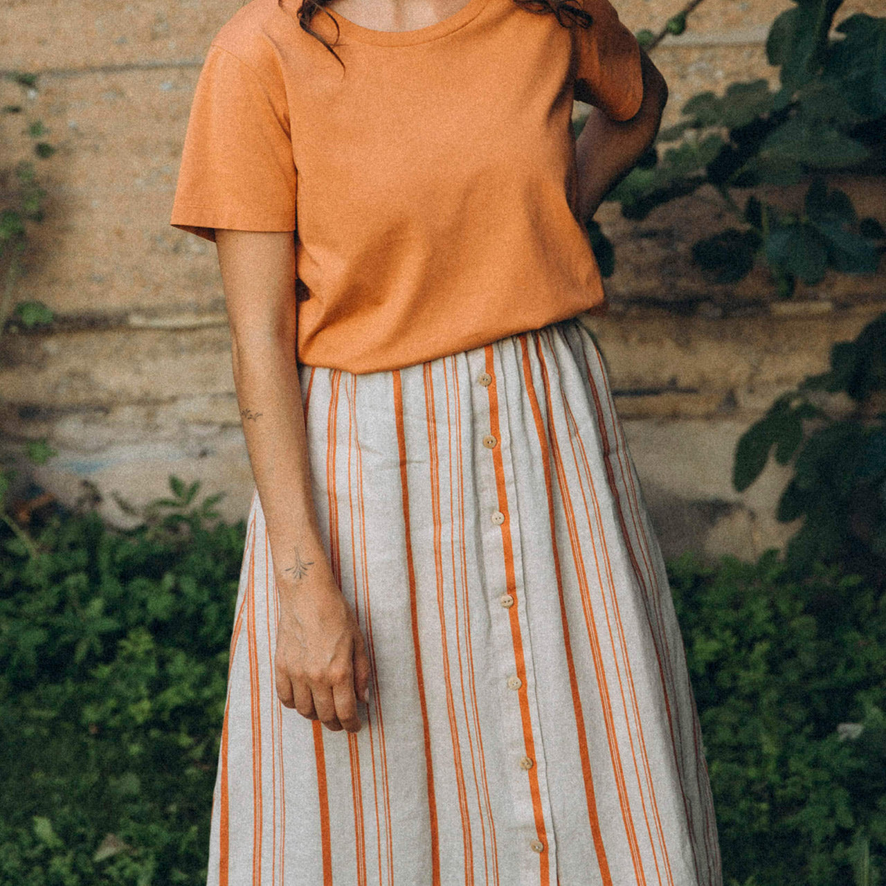 Midi Skirt - 100% Linen - Rust Stripe