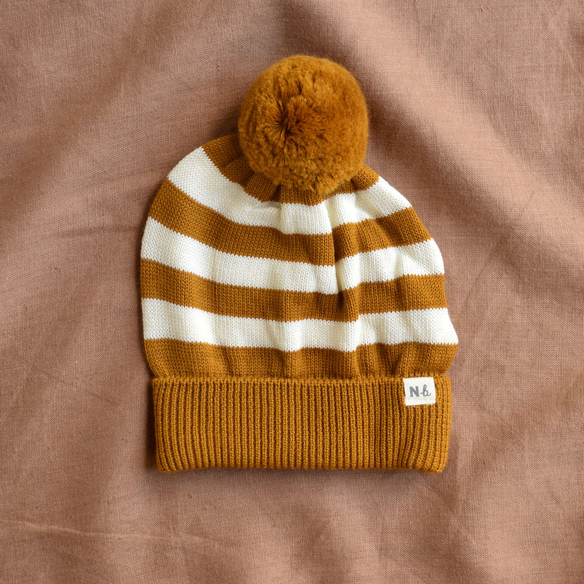 Alpine Pom Pom Beanie - 100% Merino - Toffee Stripe (6m-4y)
