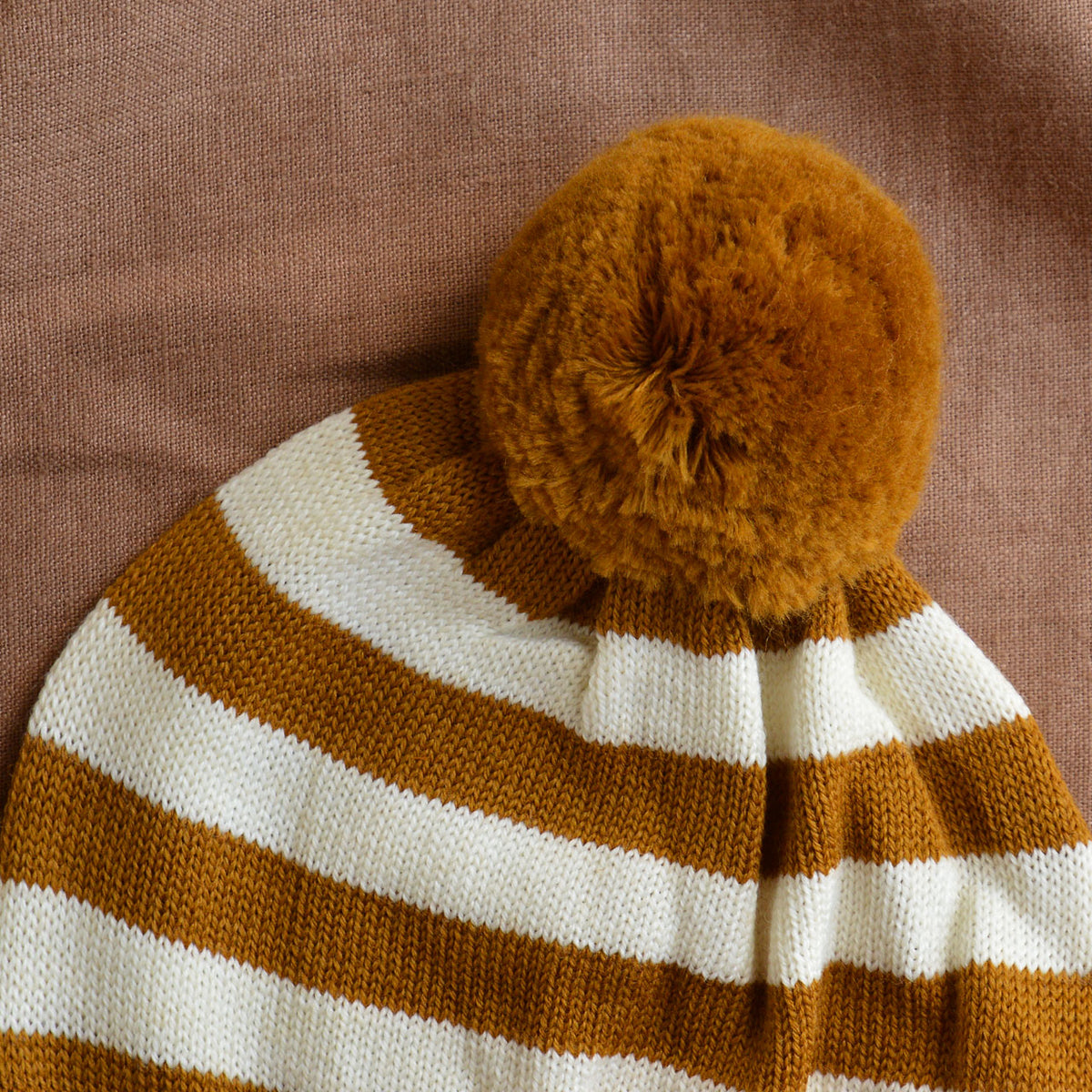 Alpine Pom Pom Beanie - 100% Merino - Toffee Stripe (6m-4y)