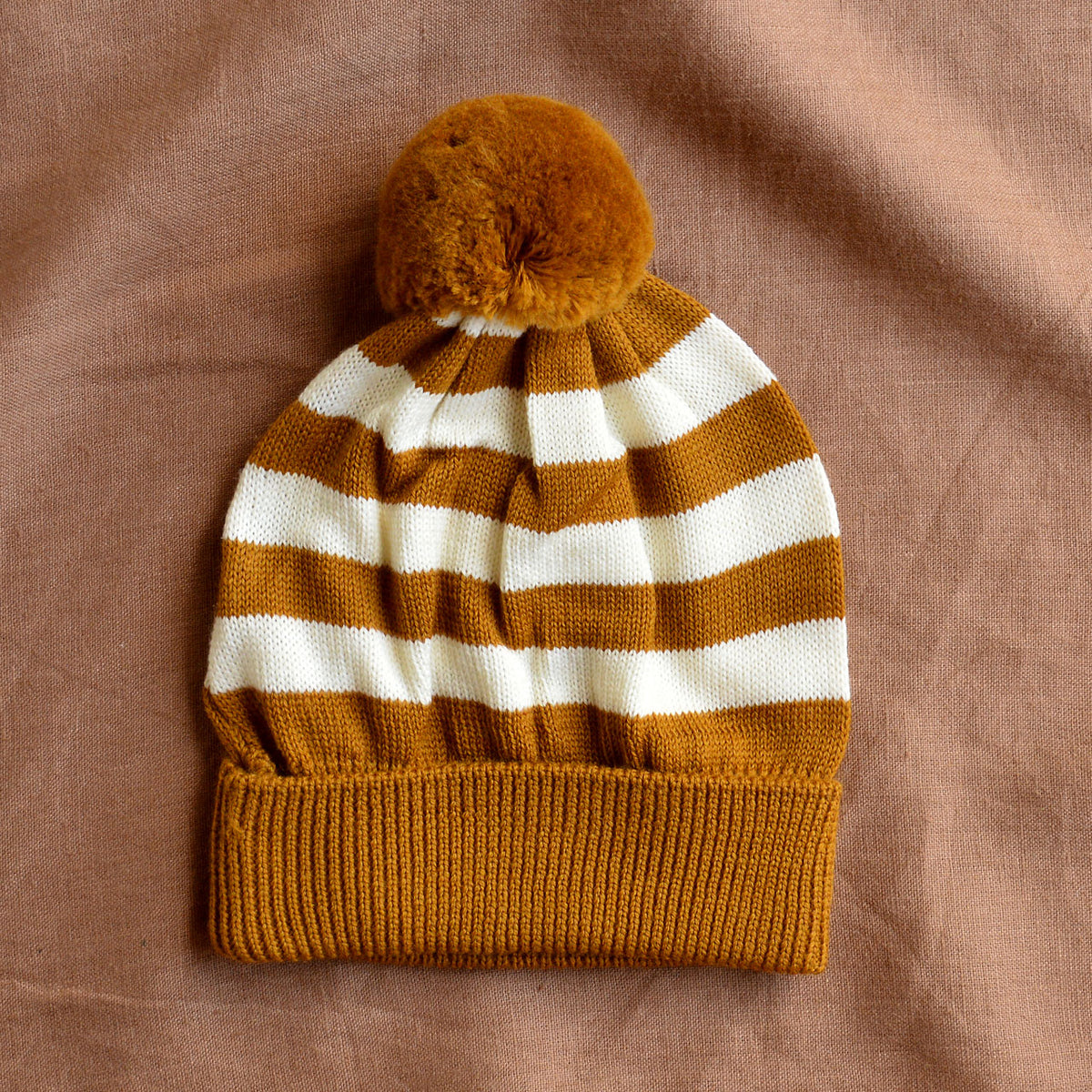 Alpine Pom Pom Beanie - 100% Merino - Toffee Stripe (6m-4y)