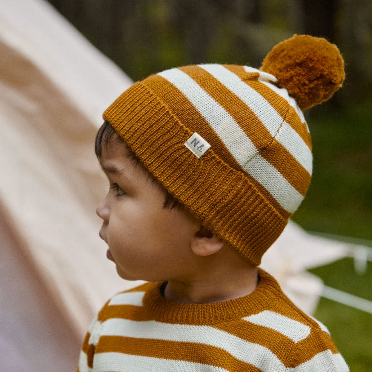 Alpine Pom Pom Beanie - 100% Merino - Toffee Stripe (6m-4y)