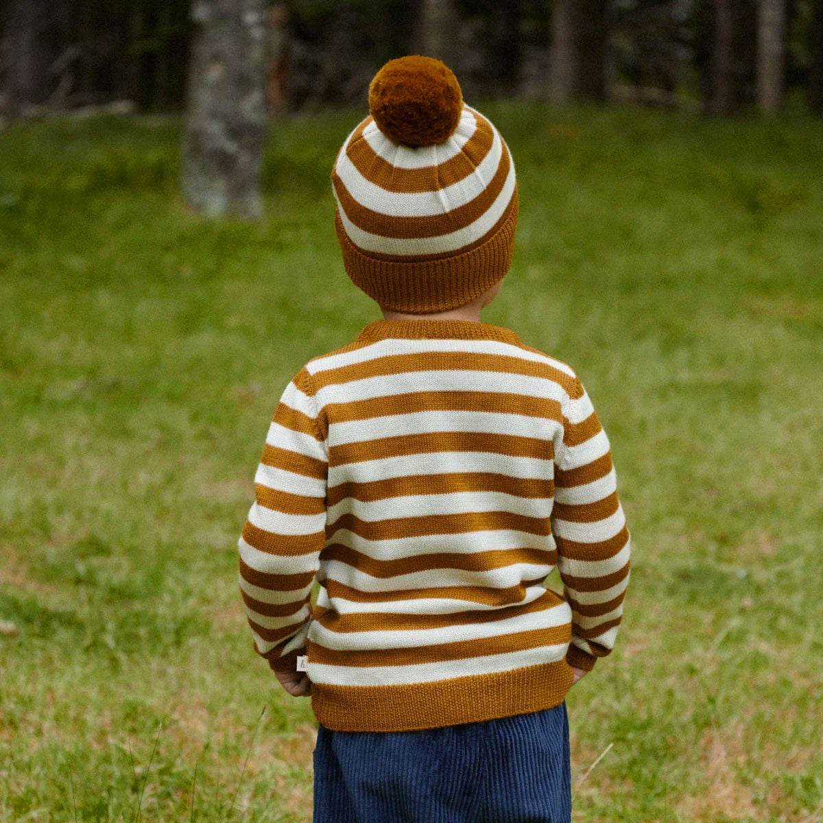 Alpine Pom Pom Beanie - 100% Merino - Toffee Stripe (6m-4y)