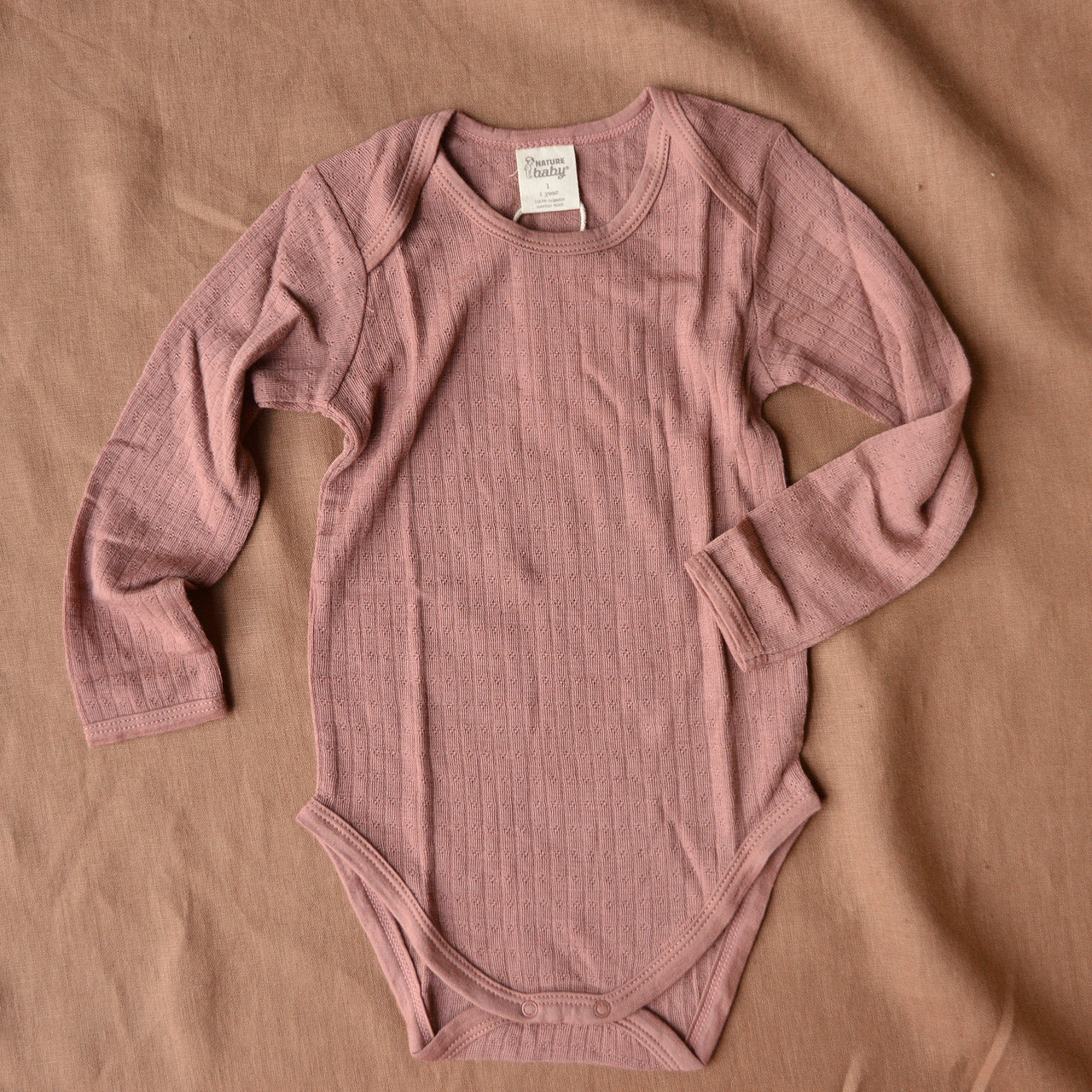 Pointelle Baby Body Longsleeve - 100% Organic Merino - Woodland Rose (0-3m) *Last Ones!