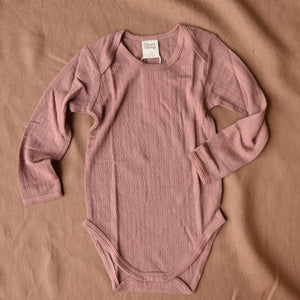 Pointelle Baby Body Longsleeve - 100% Organic Merino - Woodland Rose (0-3m) *Last Ones!