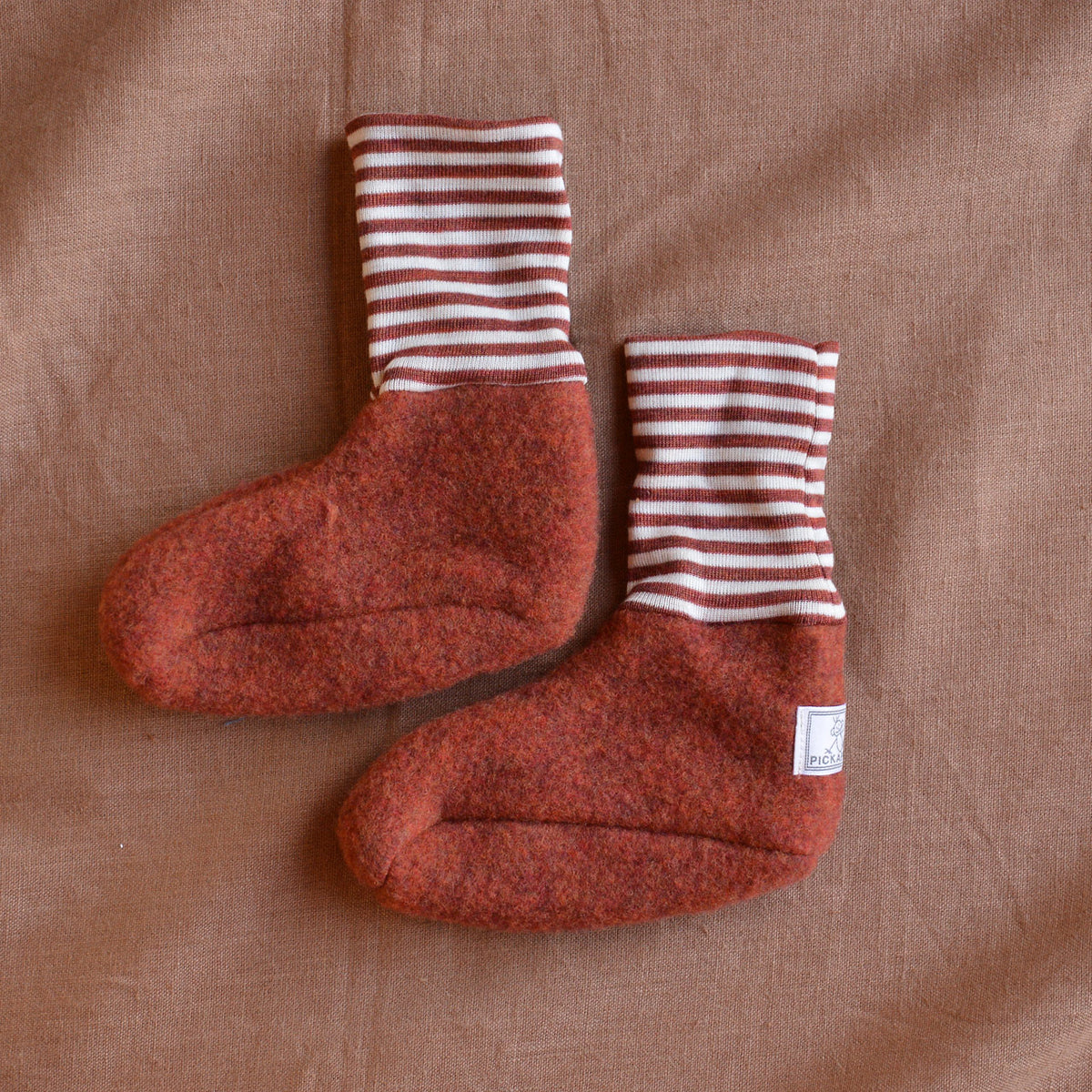 Sox Baby Booties/Socks with Striped Cuffs - Organic Wool Fleece (6-12m) *Last Pair!