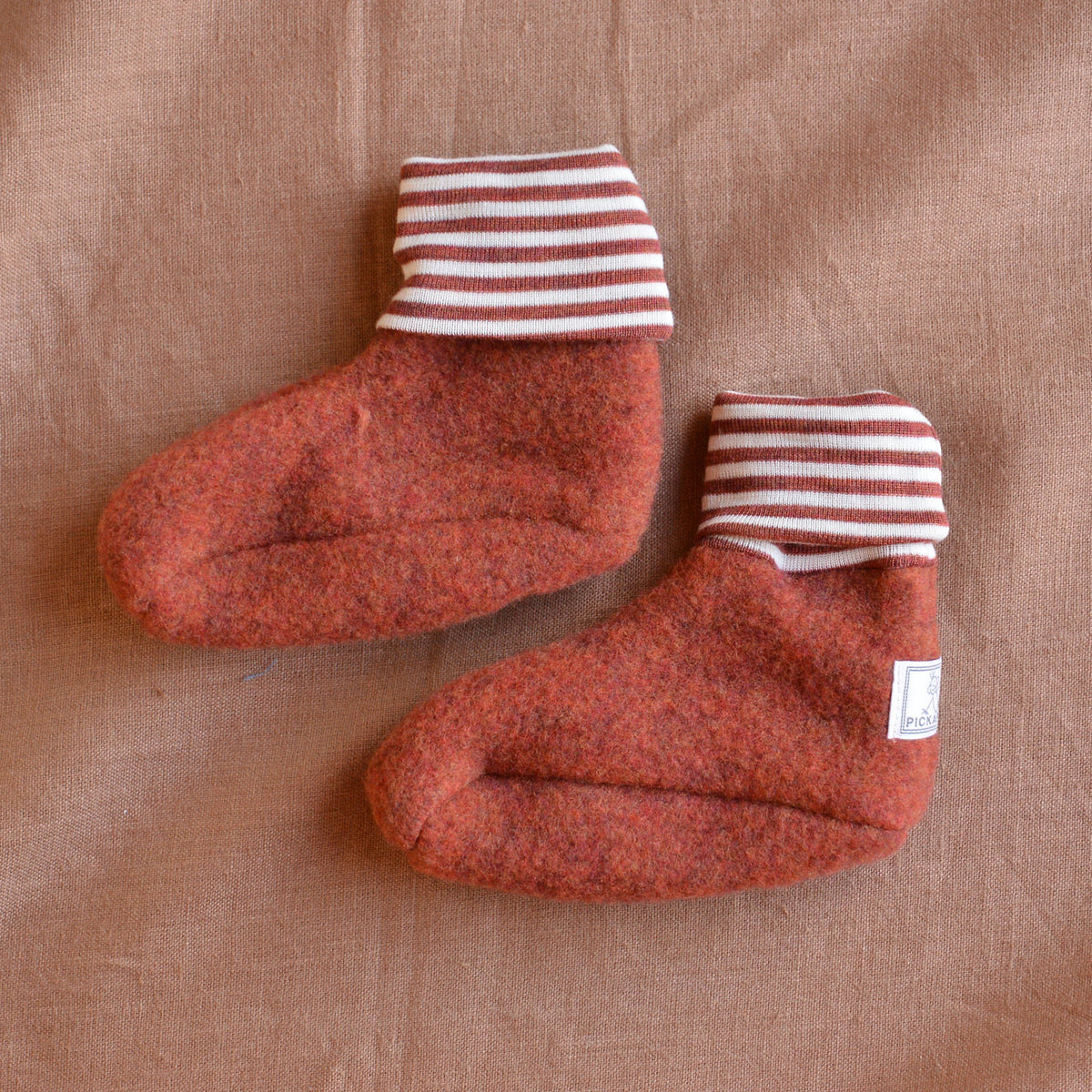 Sox Baby Booties/Socks with Striped Cuffs - Organic Wool Fleece (6-12m) *Last Pair!
