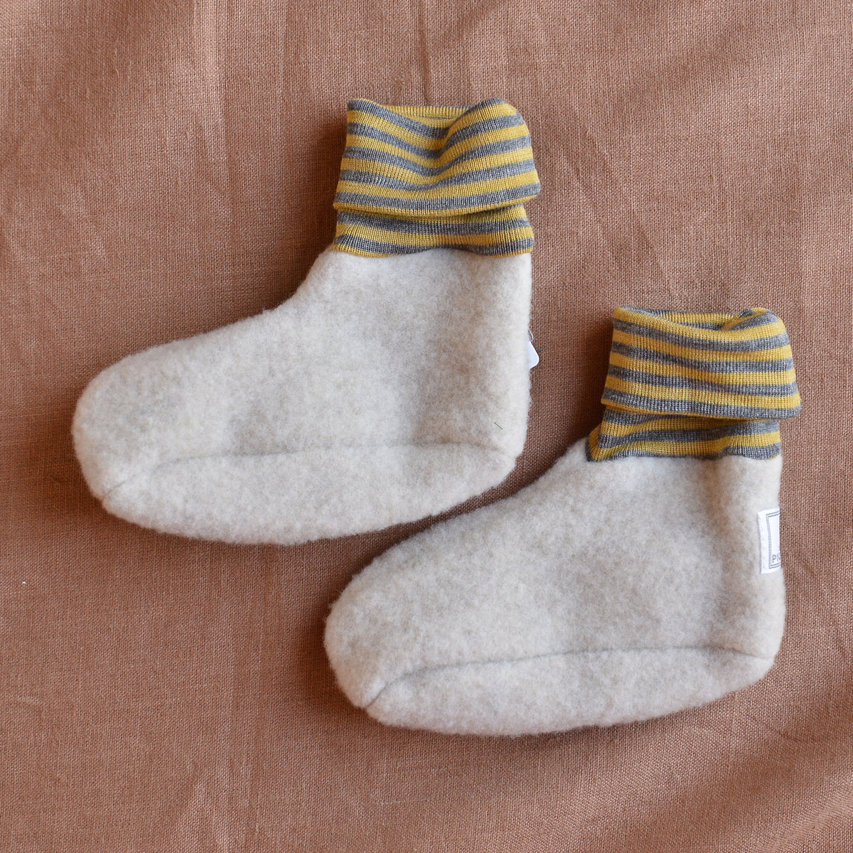 Sox Baby Booties/Socks with Striped Cuffs - Organic Wool Fleece (6-12m) *Last Pair!