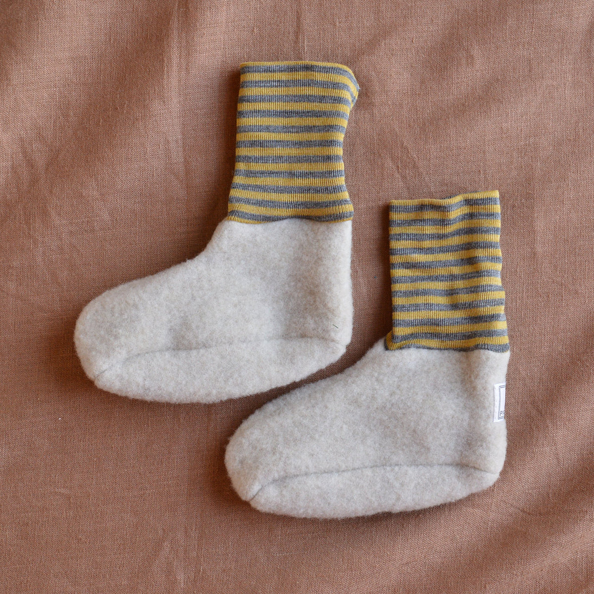 Sox Baby Booties/Socks with Striped Cuffs - Organic Wool Fleece (6-12m) *Last Pair!