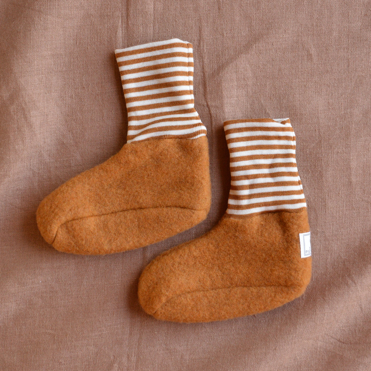 Sox Baby Booties/Socks with Striped Cuffs - Organic Wool Fleece (6-12m) *Last Pair!