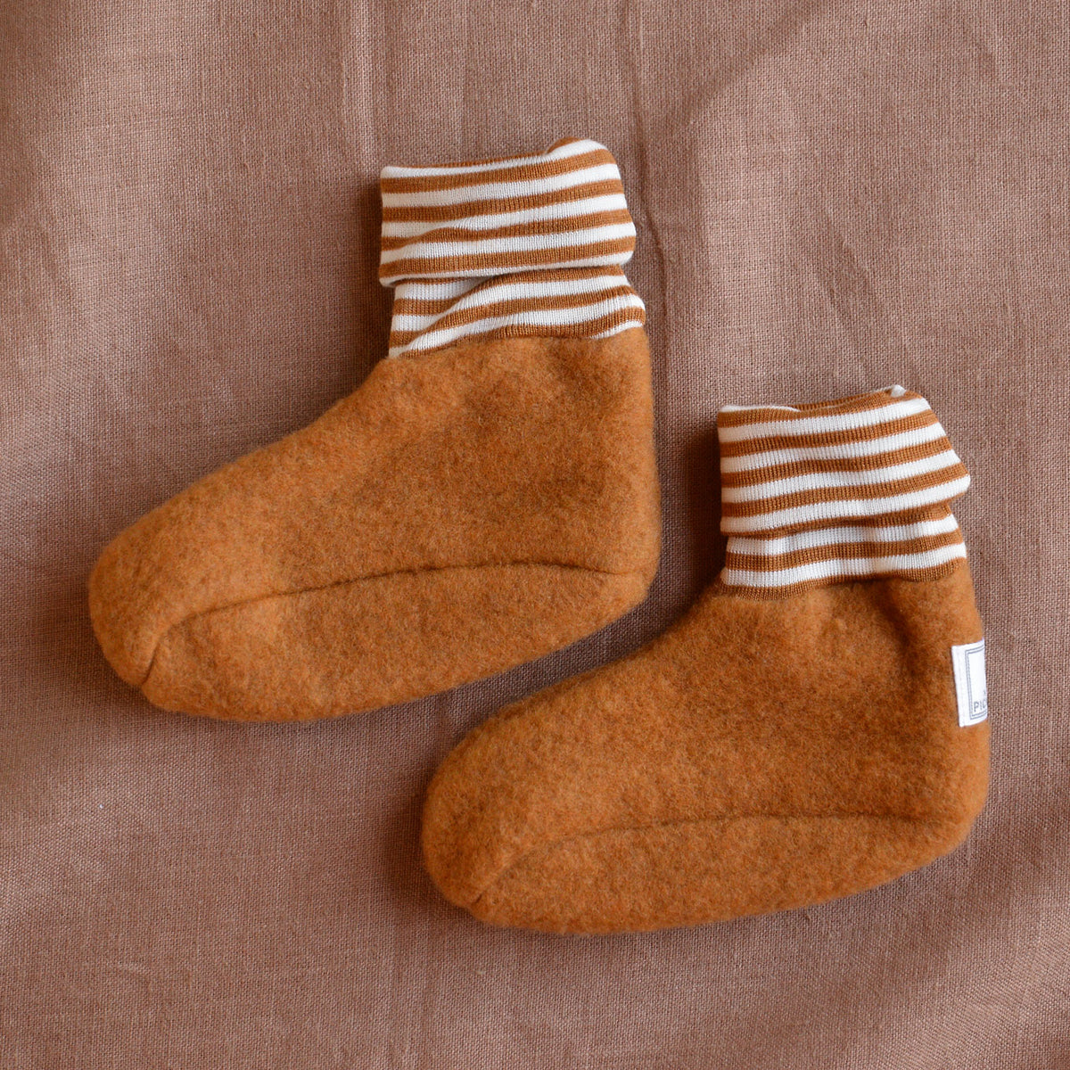 Sox Baby Booties/Socks with Striped Cuffs - Organic Wool Fleece (6-12m) *Last Pair!