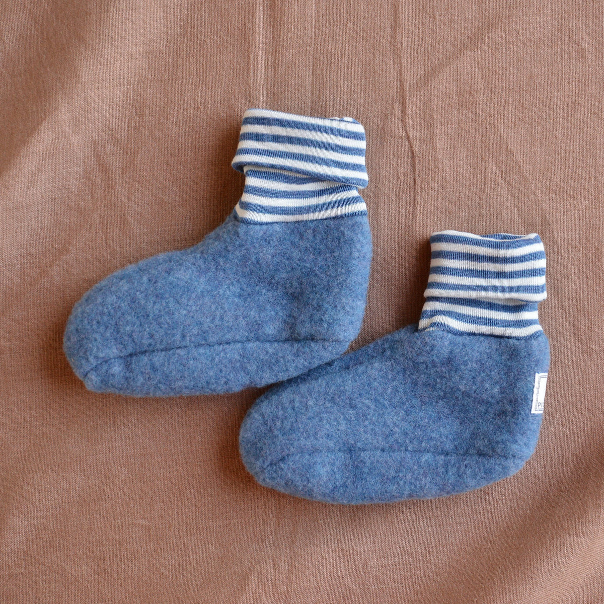 Sox Baby Booties/Socks with Striped Cuffs - Organic Wool Fleece (6-12m) *Last Pair!
