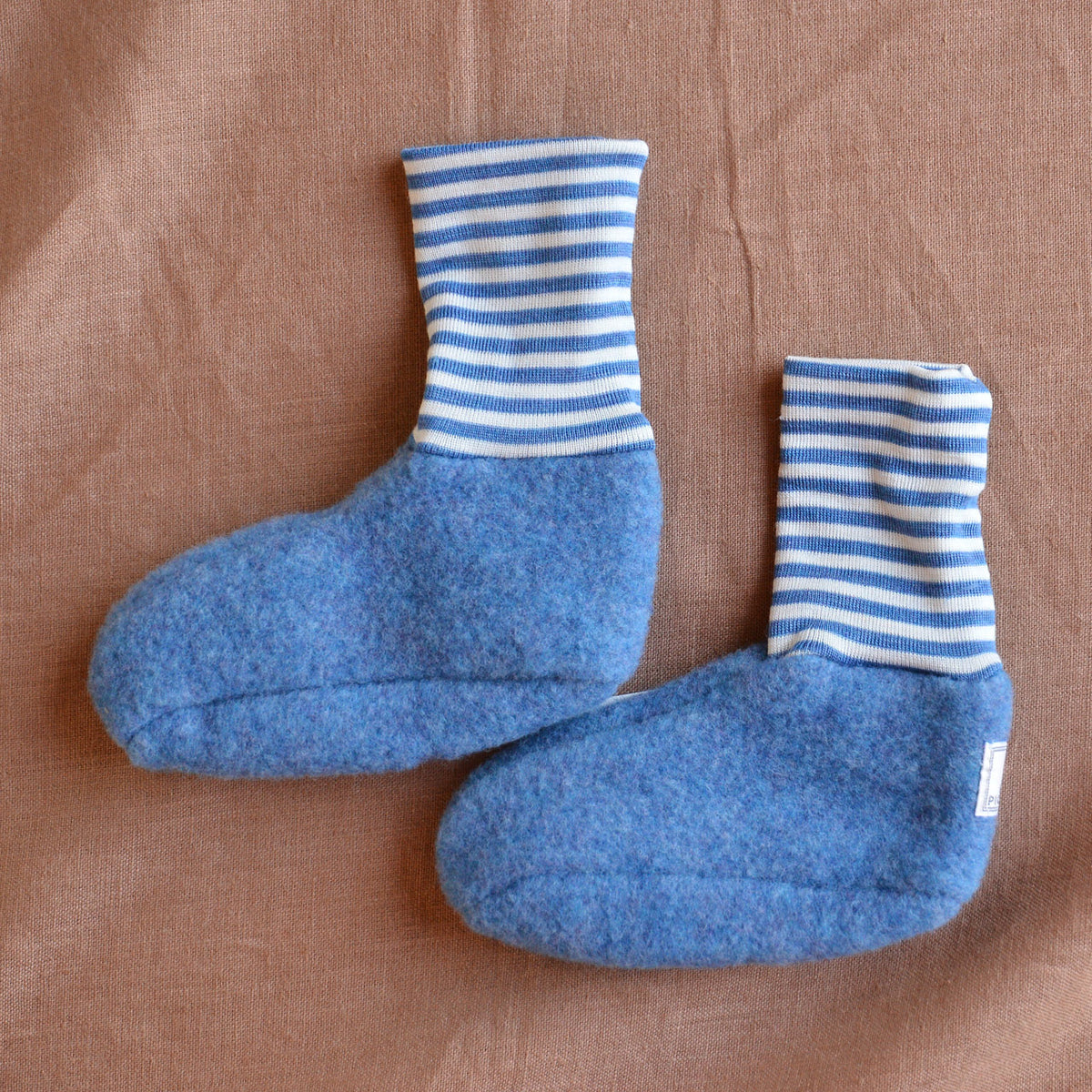 Sox Baby Booties/Socks with Striped Cuffs - Organic Wool Fleece (6-12m) *Last Pair!
