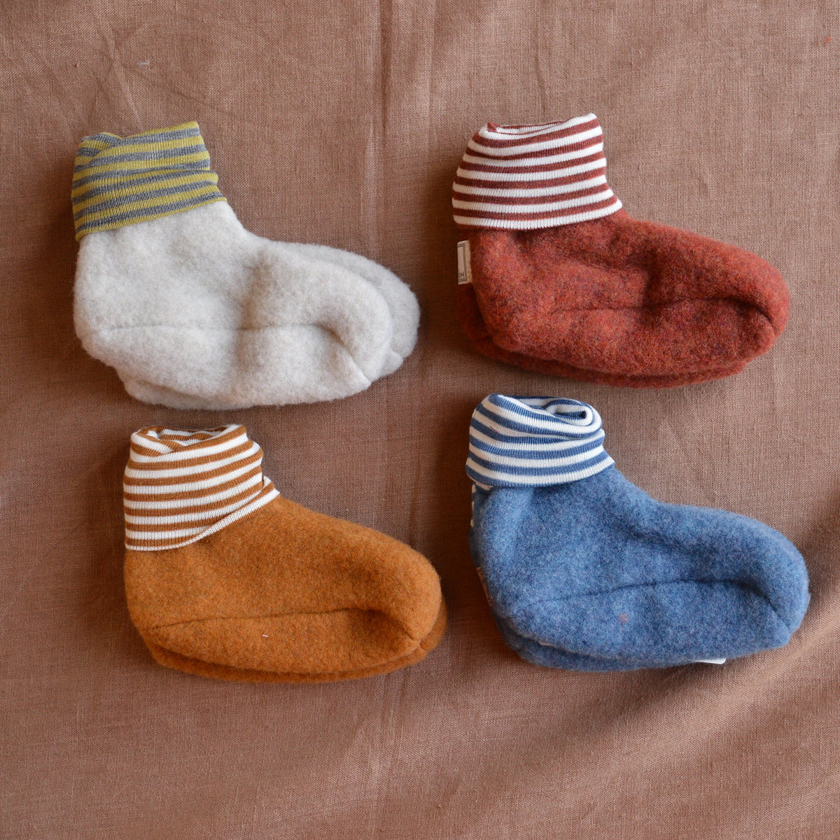 Sox Baby Booties/Socks with Striped Cuffs - Organic Wool Fleece (6-12m) *Last Pair!