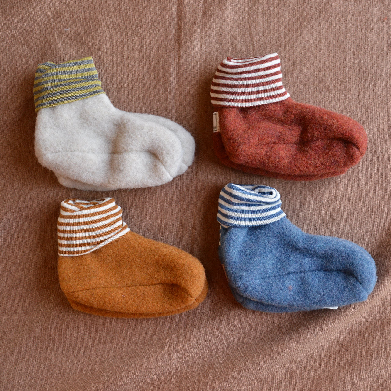 Sox Baby Booties/Socks with Striped Cuffs - Organic Wool Fleece (6-12m) *Last Pair!