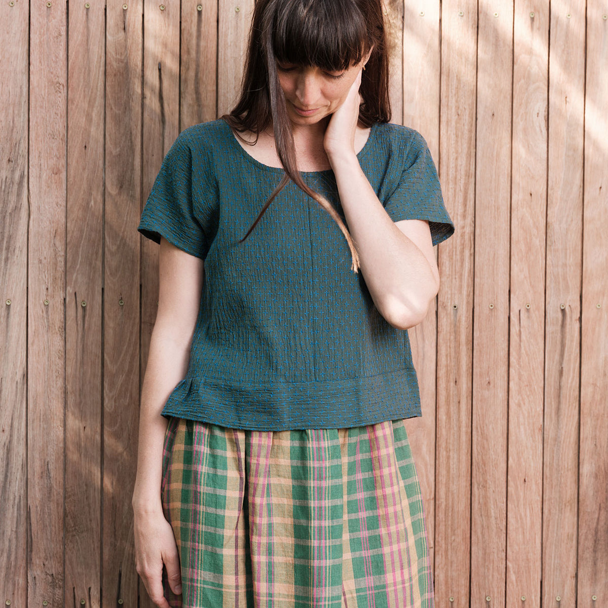 Cross Stitch Pieces Top - 100% Indian Cotton Muslin - Viridian Blue (Women S-L)