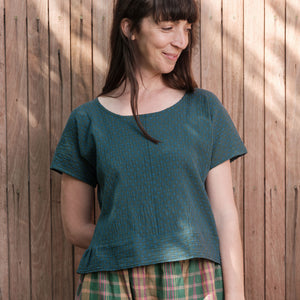 Cross Stitch Pieces Top - 100% Indian Cotton Muslin - Viridian Blue (Women S-L)