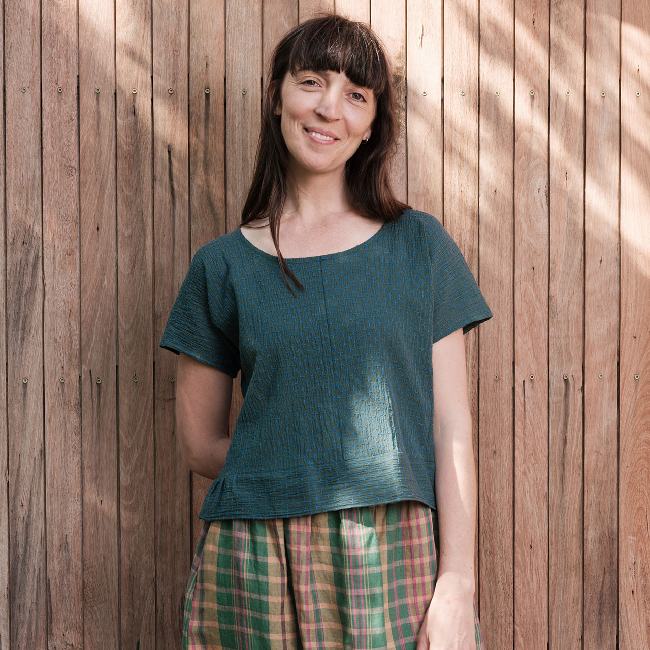 Cross Stitch Pieces Top - 100% Indian Cotton Muslin - Viridian Blue (Women S-L)