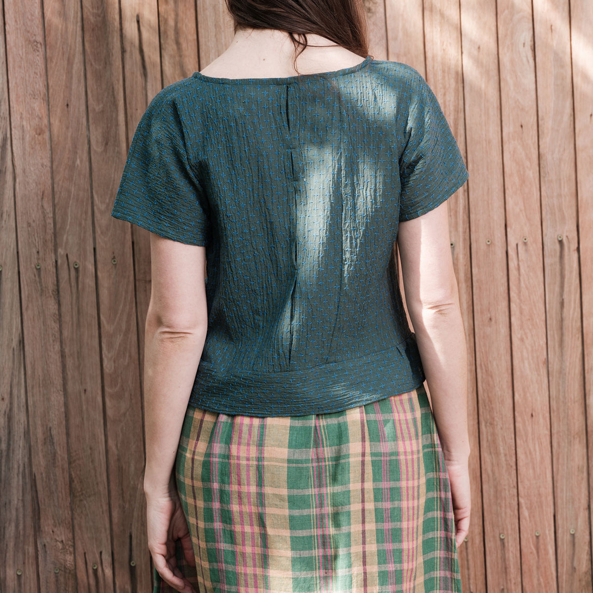 Cross Stitch Pieces Top - 100% Indian Cotton Muslin - Viridian Blue (Women S-L)