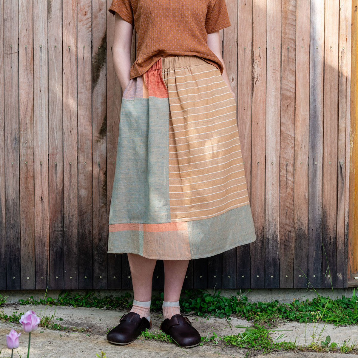 Patchwork Pocket Skirt - 100% Hand Loomed Heirloom Cotton with Plant Dyes (Women S-L)