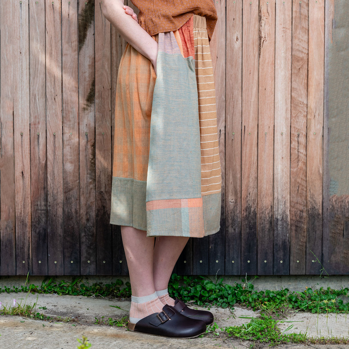 Patchwork Pocket Skirt - 100% Hand Loomed Heirloom Cotton with Plant Dyes (Women S-L)