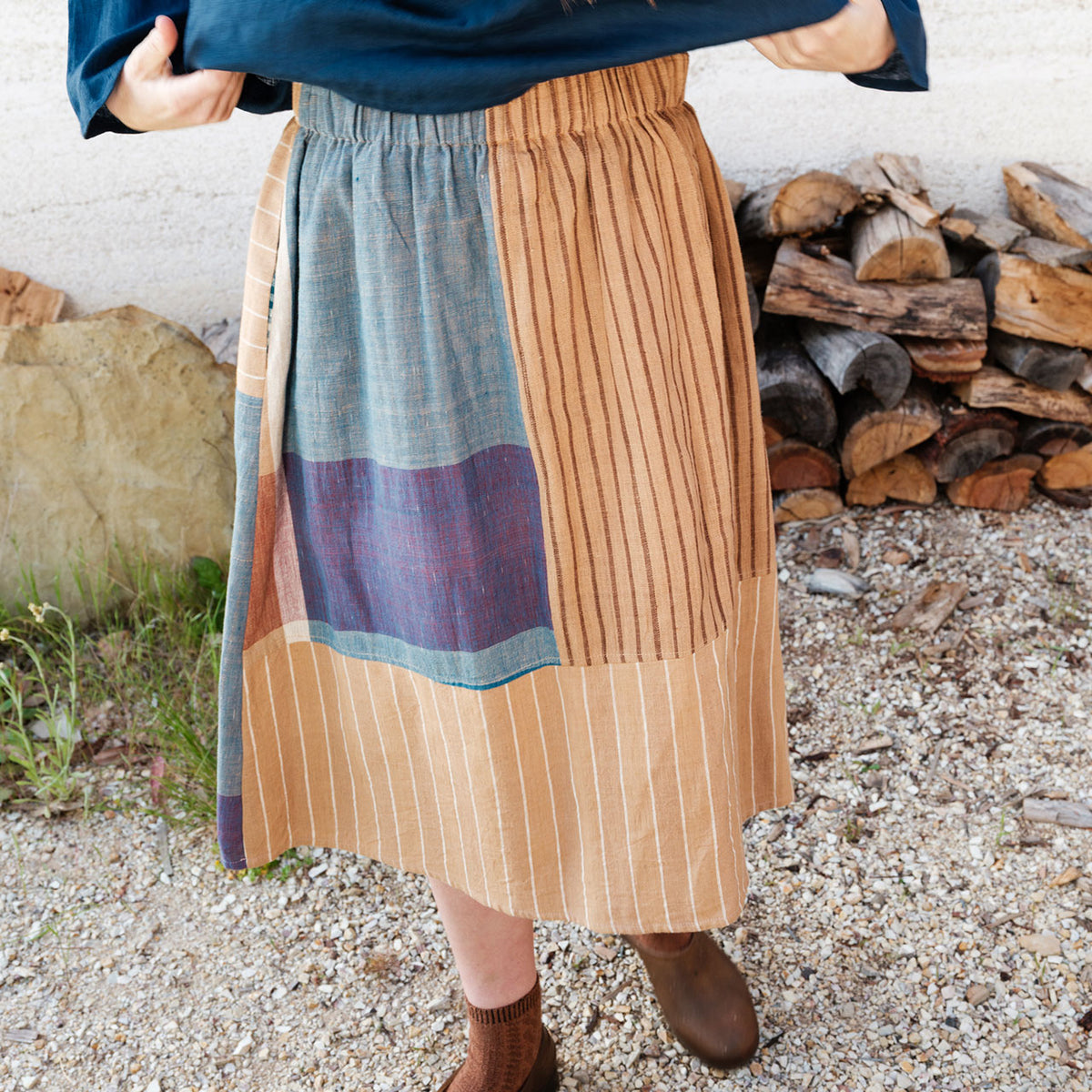 Patchwork Pocket Skirt - 100% Hand Loomed Heirloom Cotton with Plant Dyes (Women S-L)