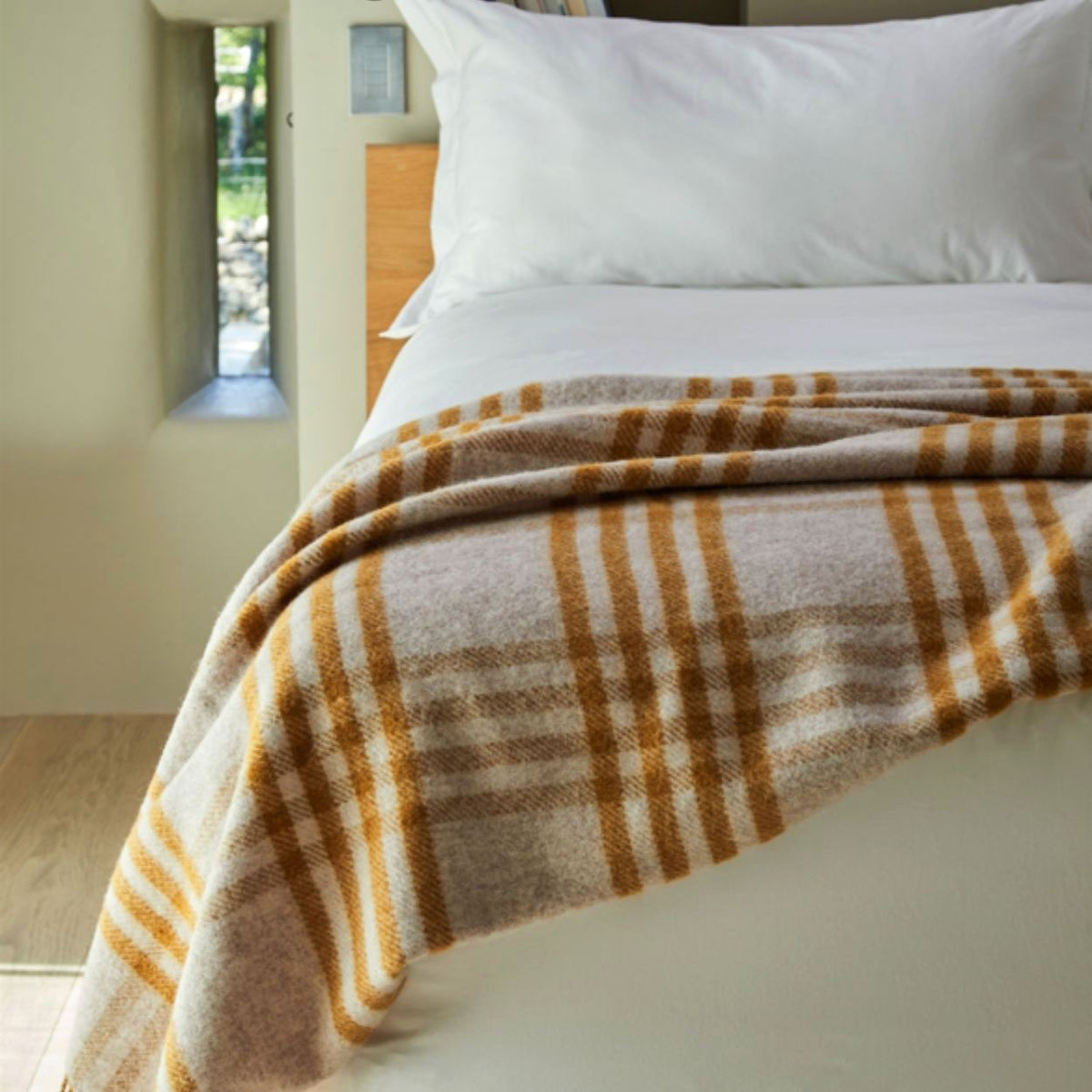 Extra Large Throw - 100% Wool - Hex Check - English Mustard (150x240cm)