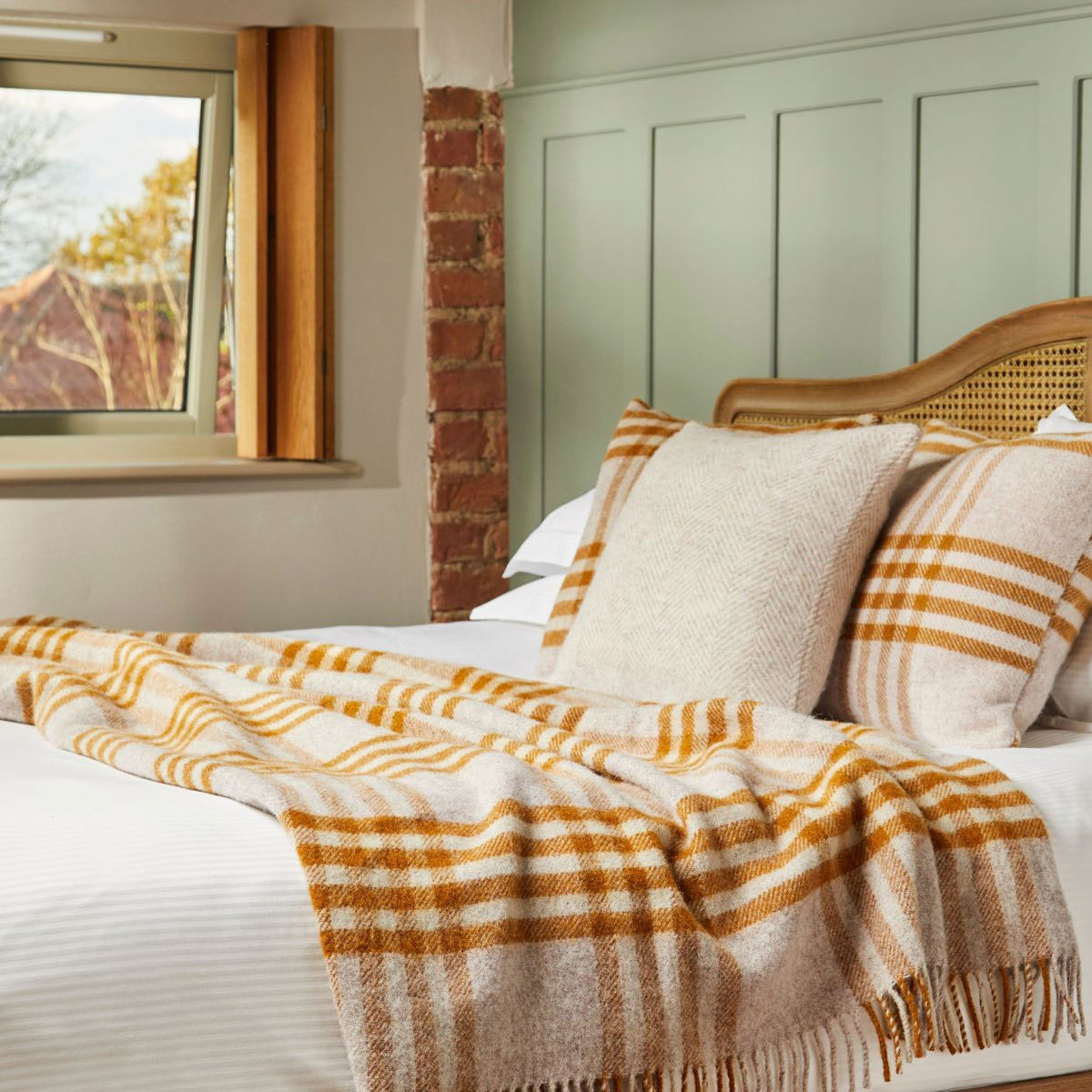 Extra Large Throw - 100% Wool - Hex Check - English Mustard (150x240cm)