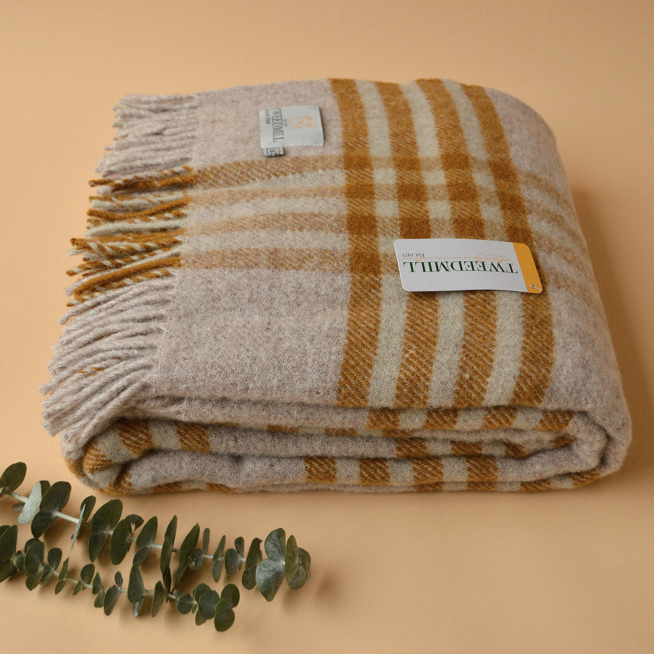 Extra Large Throw - 100% Wool - Hex Check - English Mustard (150x240cm)