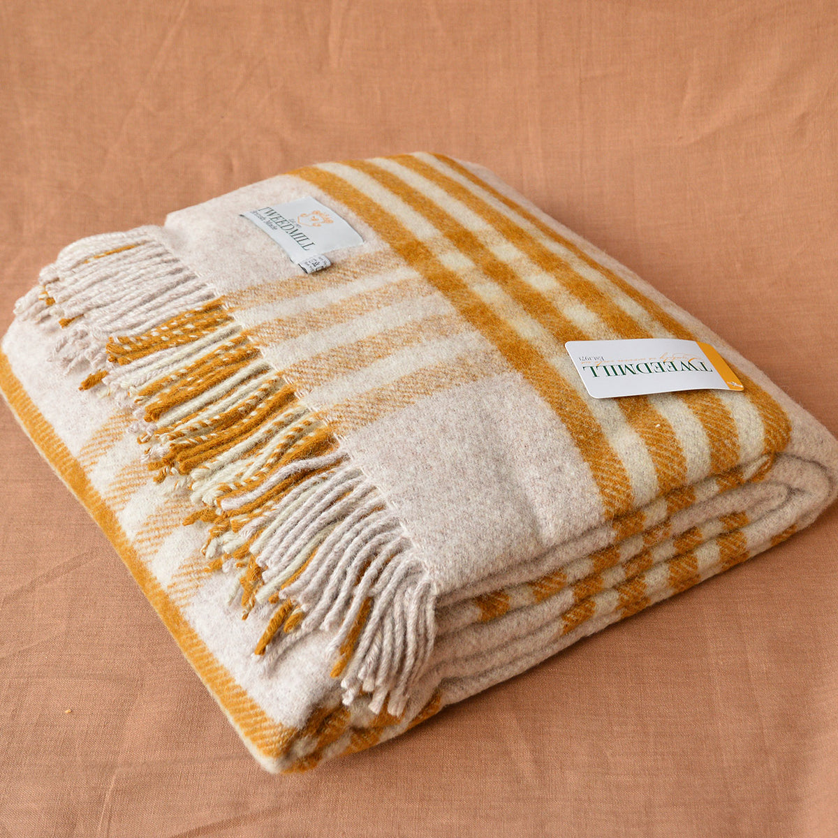Extra Large Throw - 100% Wool - Hex Check - English Mustard (150x240cm)