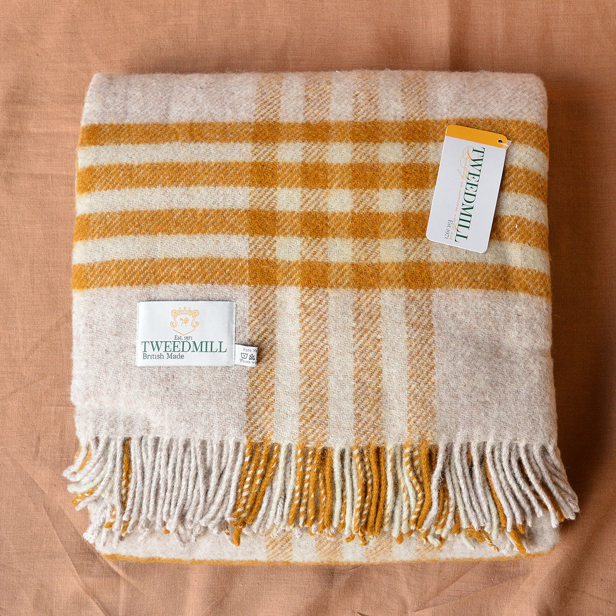 Extra Large Throw - 100% Wool - Hex Check - English Mustard (150x240cm)