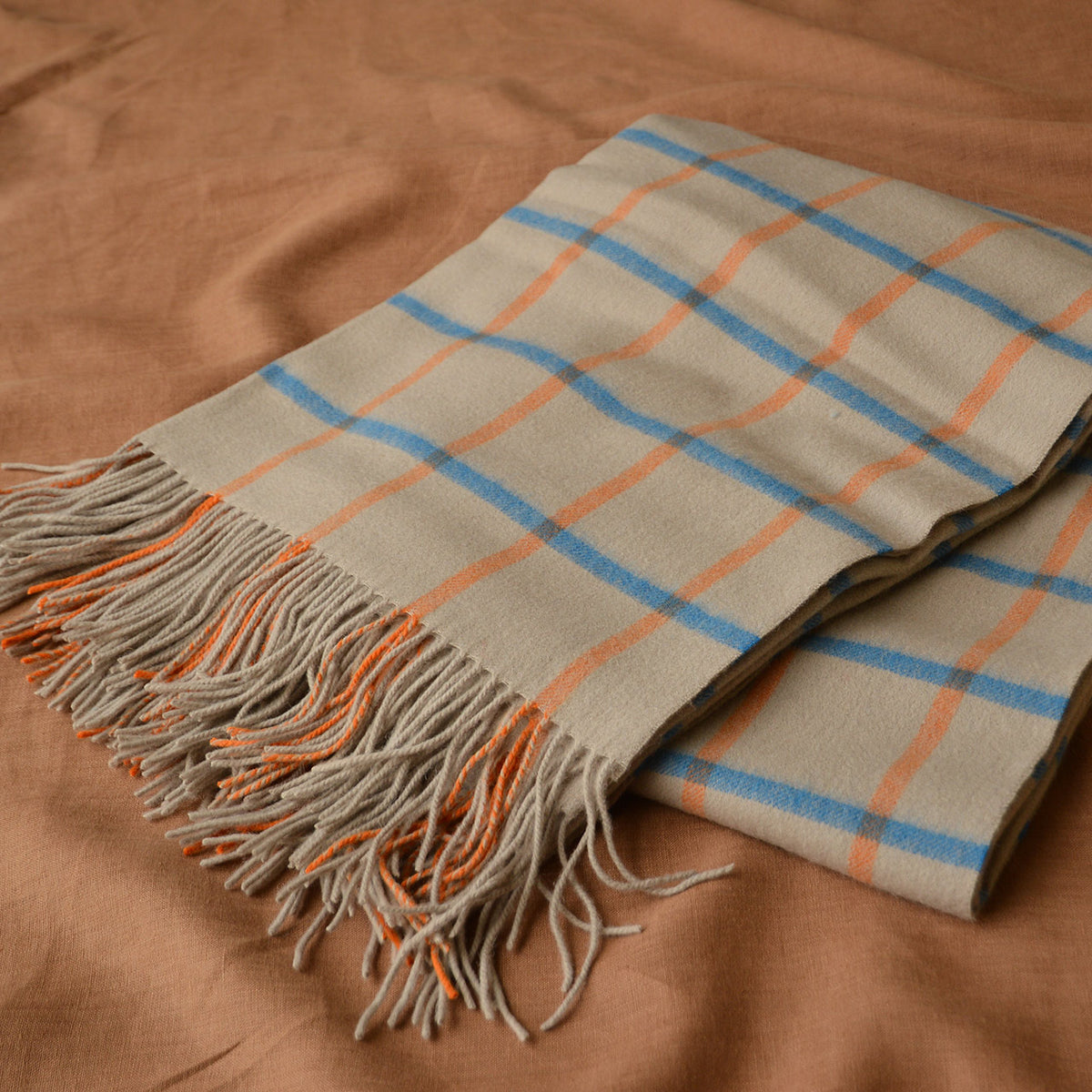 Chequered Throw - 100% Lambswool - Ocean & Orange (140x190cm) *Last One!