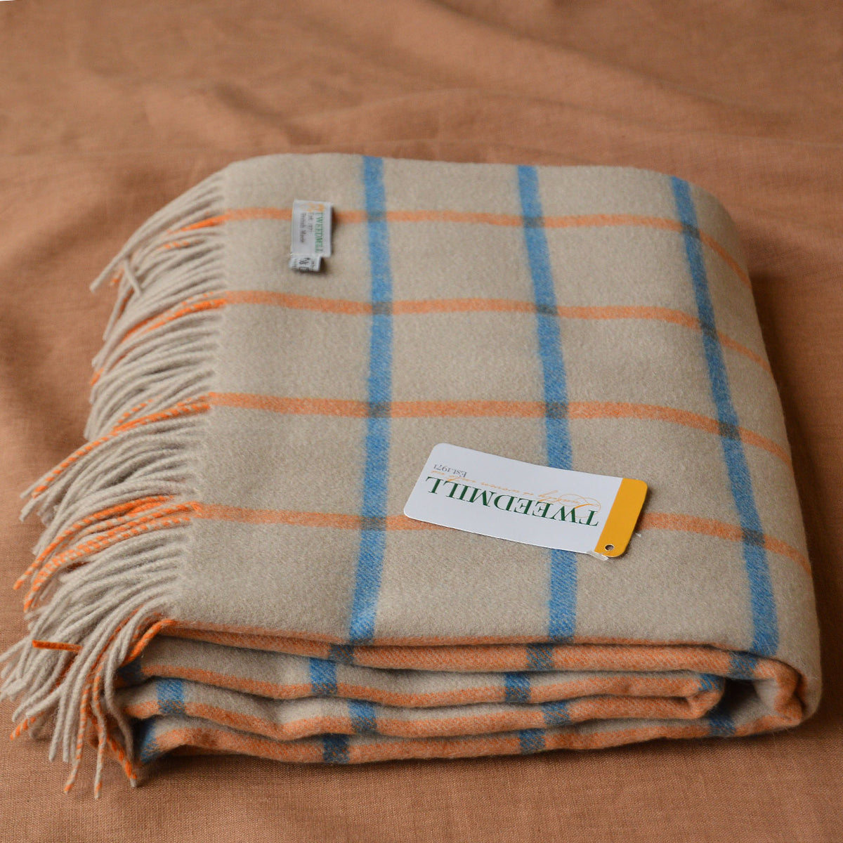Chequered Throw - 100% Lambswool - Ocean & Orange (140x190cm) *Last One!