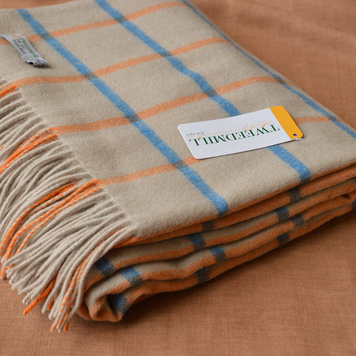 Chequered Throw - 100% Lambswool - Ocean & Orange (140x190cm) *Last One!