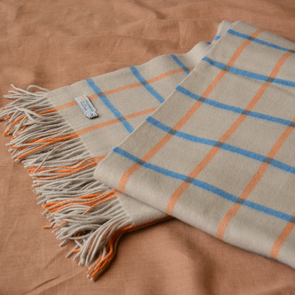 Chequered Throw - 100% Lambswool - Ocean & Orange (140x190cm) *Last One!